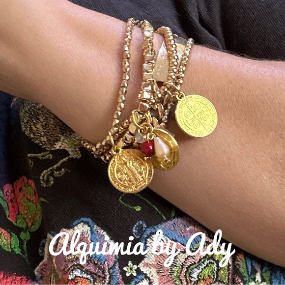 Saint Benedict gold carnelian gemstone beaded dainty bracelets - Picture 2 of 4